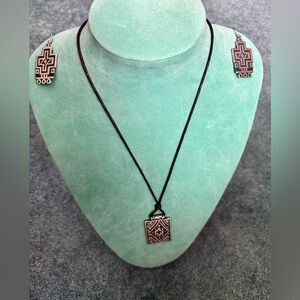 Signed Alice Seely 2000 Cross Rectangle Pendant & Earrings Petroglyph Style RARE